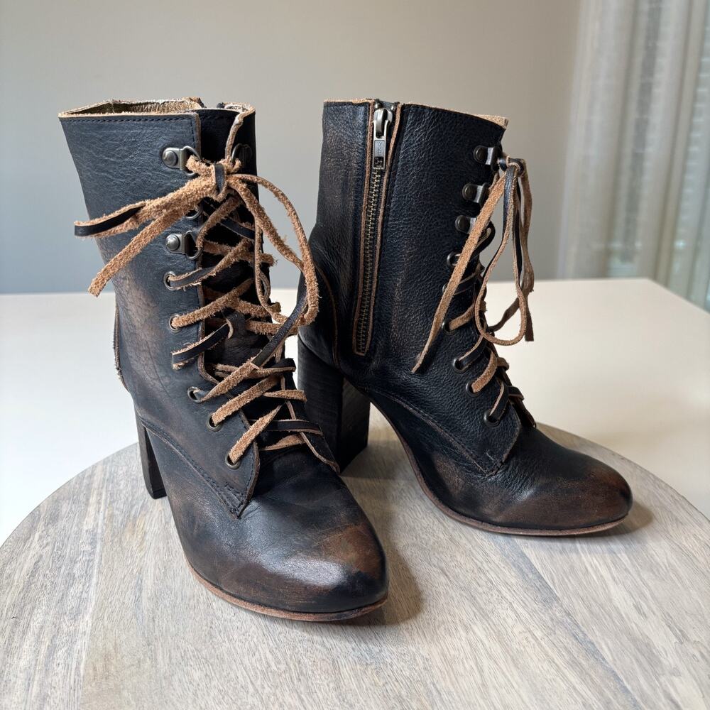 freebird Black with Brown Accent Leather Lace-Up Heeled Boots